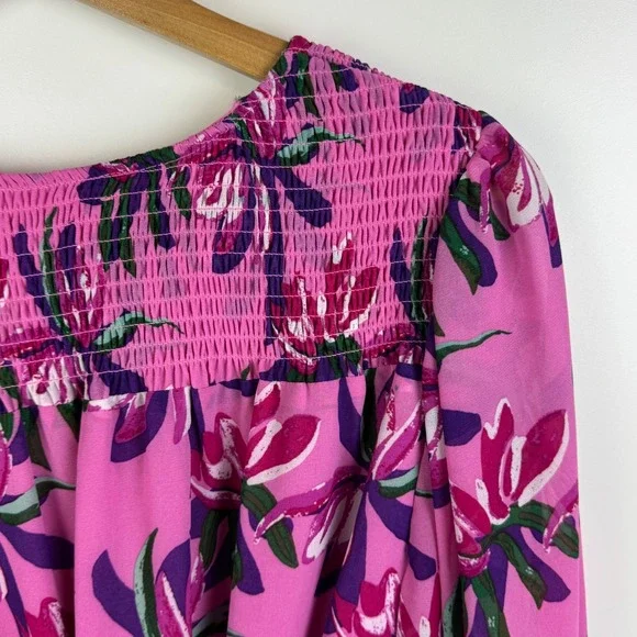 WAYF Tiered Ruffle Floral Mini Dress Size Medium Pink Long Sleeve Feminine Flowy - Picture 4 of 11